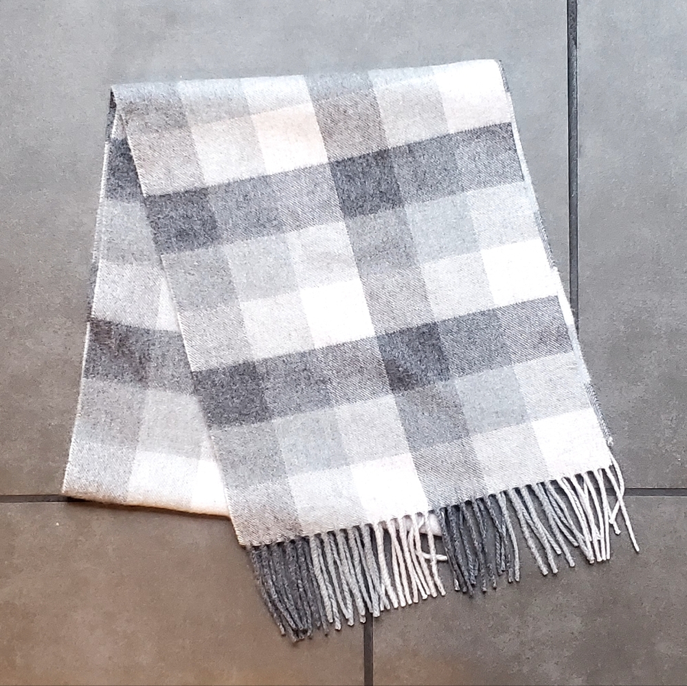 Grey Block Check Fringed Cashmere Scarf